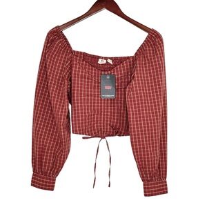 Levis Plaid Crop Blouse Devin Puff Sleeve Top Western Country Red SZ Small